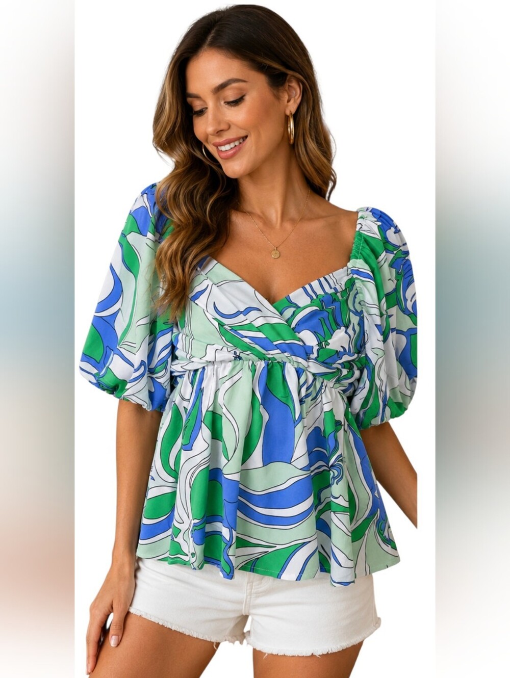 Entro NWT Abstract Floral Puff Sleeve Babydoll Top Green Blue Medium